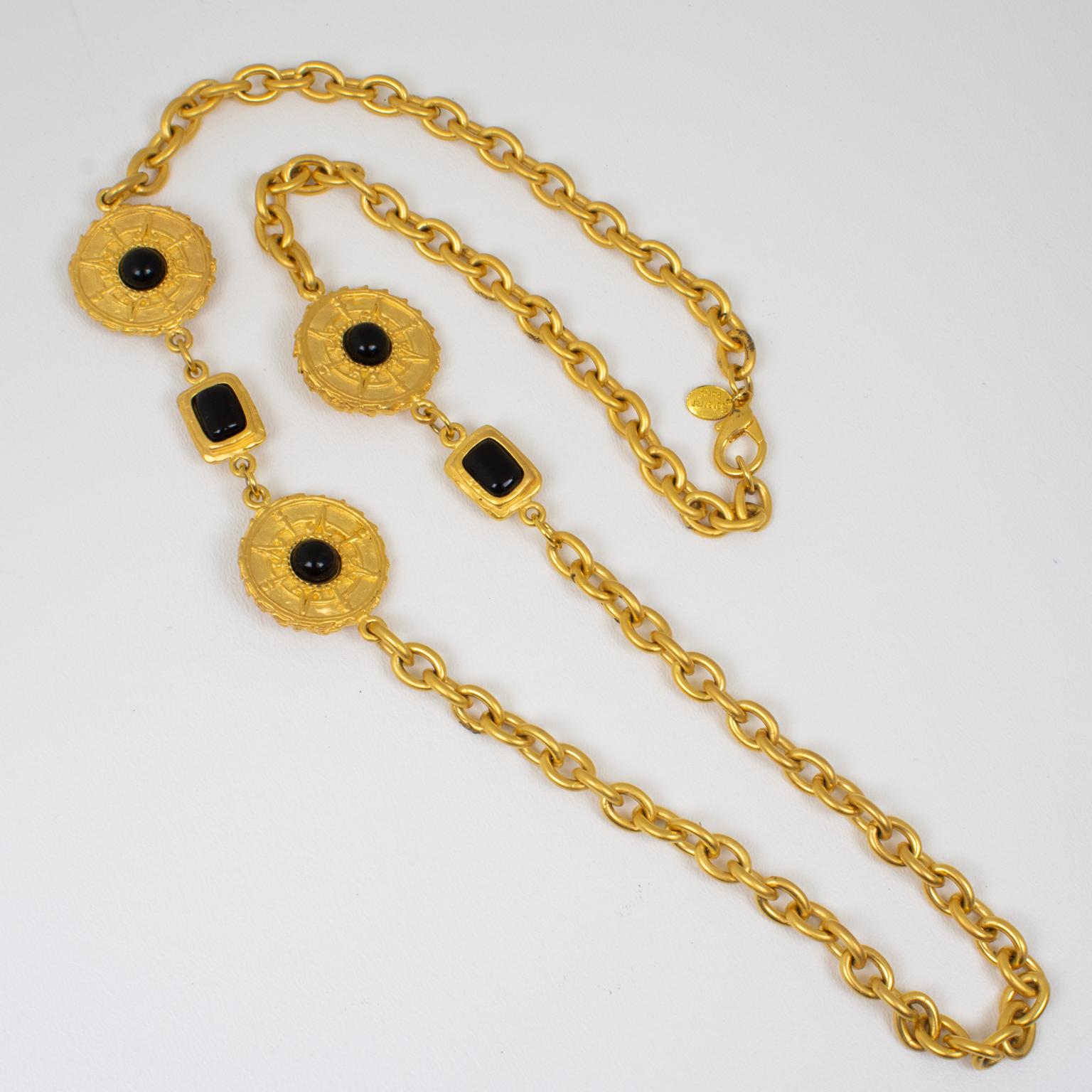 Women's Jean Louis Scherrer Ethnic Gilt Metal Long Necklace with Black Resin Cabochons For Sale
