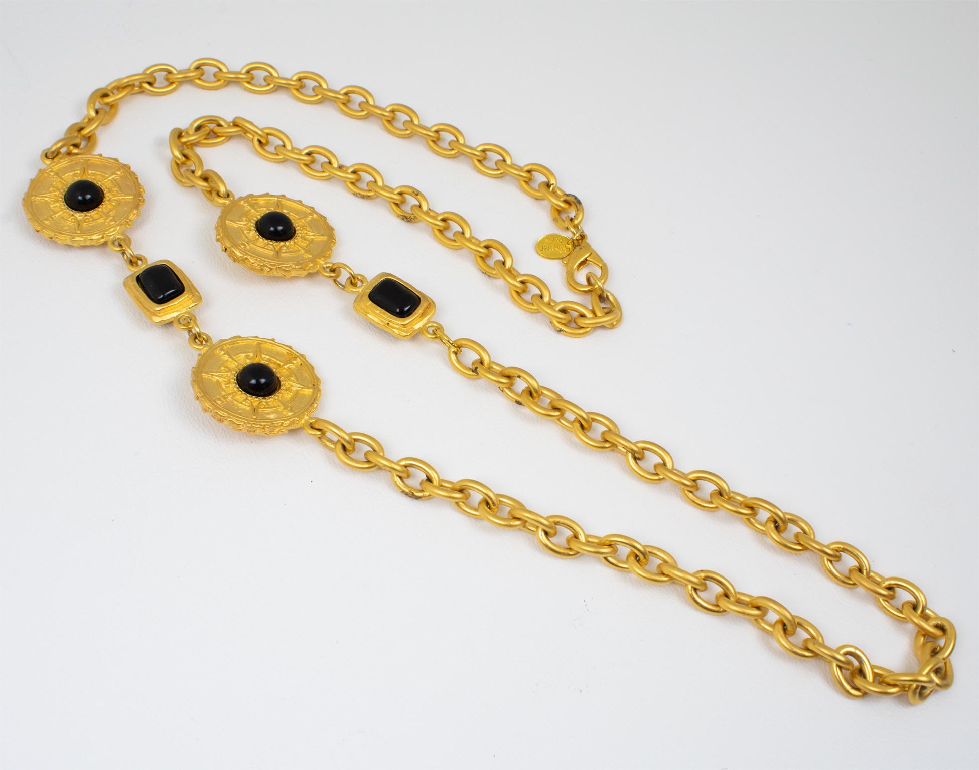Jean Louis Scherrer Ethnic Gilt Metal Long Necklace with Black Resin Cabochons For Sale 1