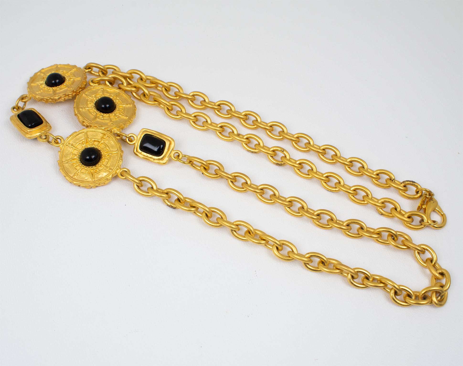 Jean Louis Scherrer Ethnic Gilt Metal Long Necklace with Black Resin Cabochons For Sale 2