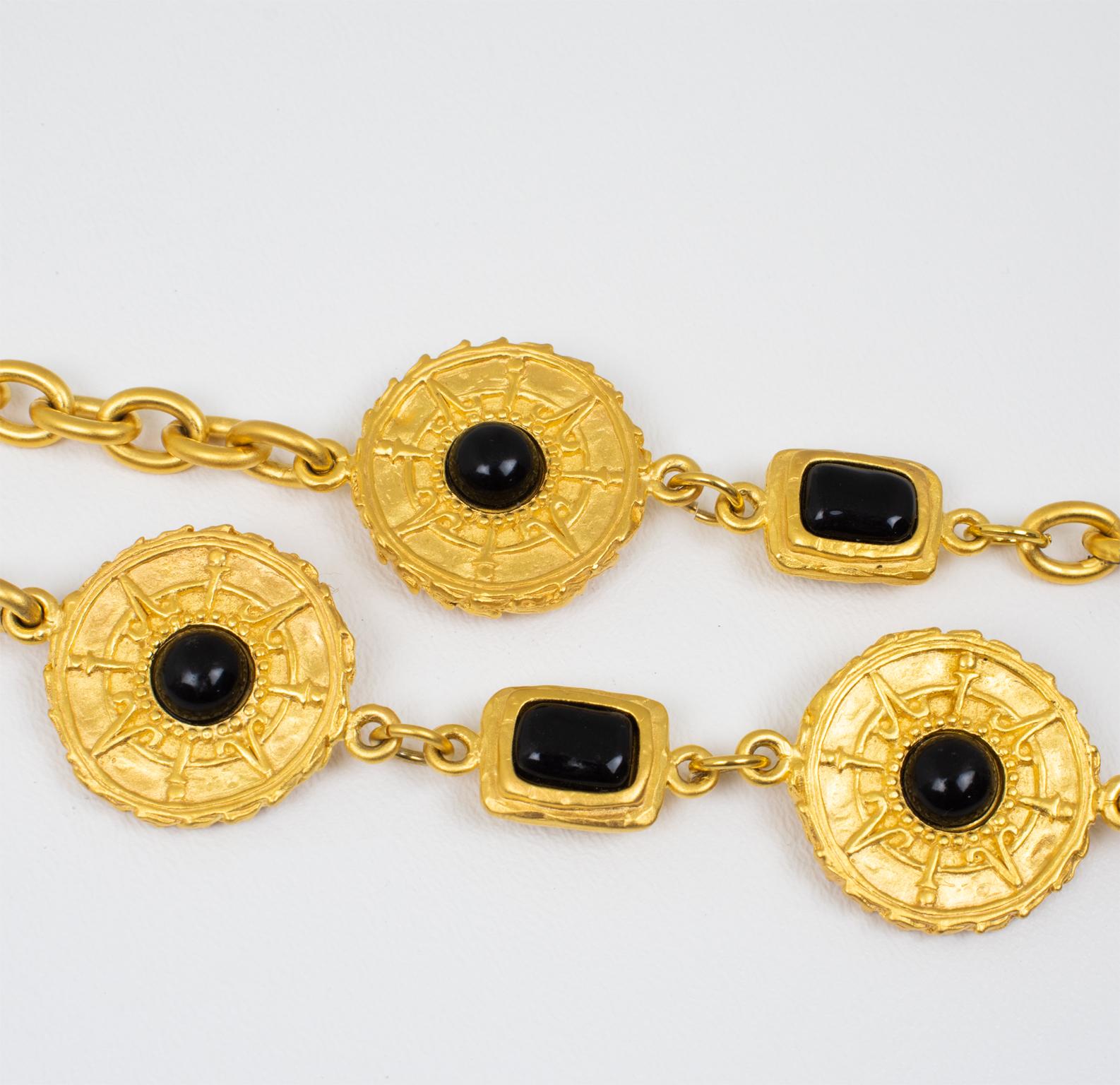 Jean Louis Scherrer Ethnic Gilt Metal Long Necklace with Black Resin Cabochons For Sale 3