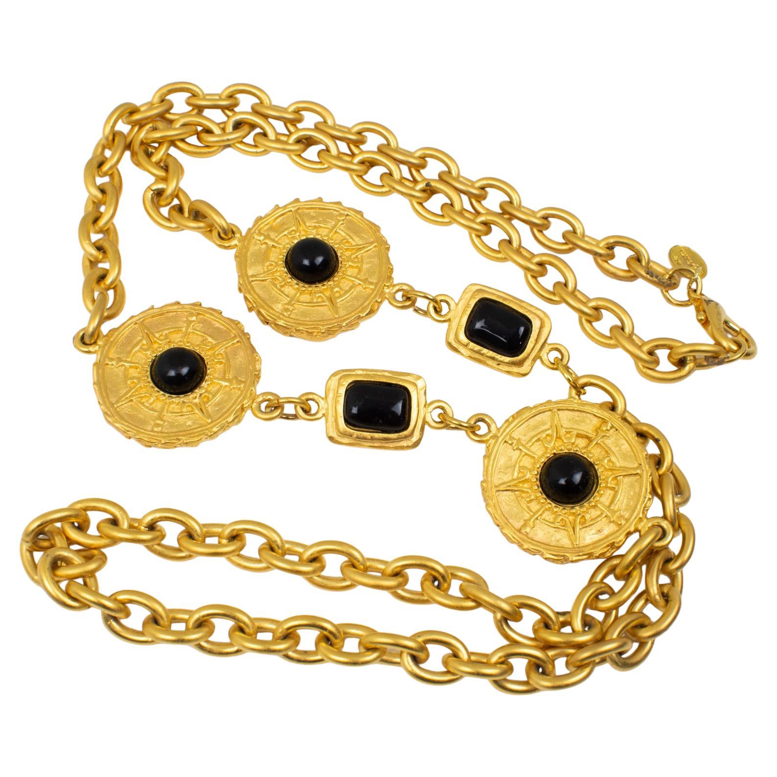 Jean Louis Scherrer Ethnic Gilt Metal Long Necklace with Black Resin Cabochons For Sale