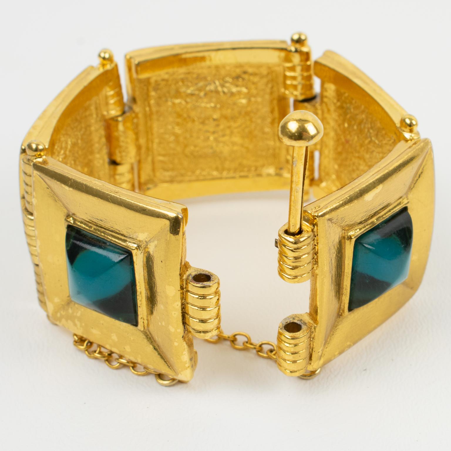 Modern Jean Louis Scherrer Gilt Metal Jeweled Link Bracelet Turquoise Resin Cabochon For Sale