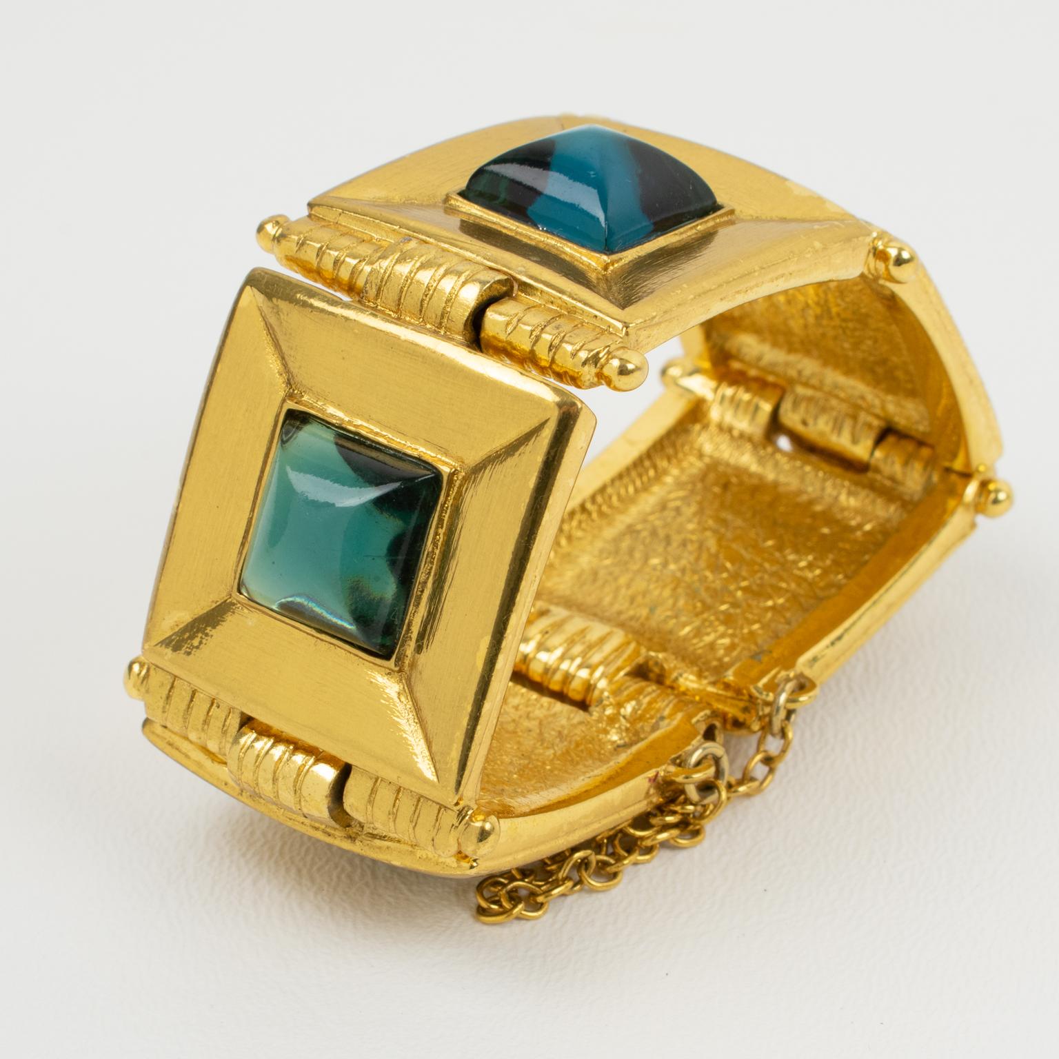 Jean Louis Scherrer Gilt Metal Jeweled Link Bracelet Turquoise Resin Cabochon In Good Condition For Sale In Atlanta, GA
