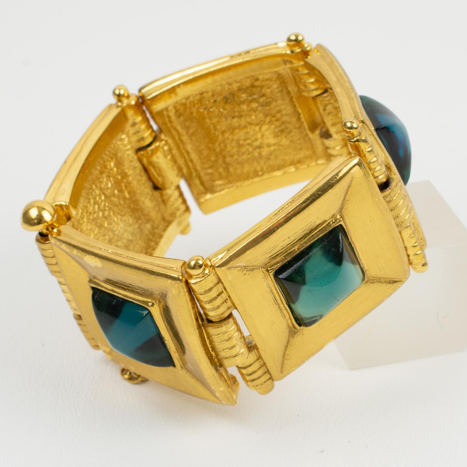 Jean Louis Scherrer Gilt Metal Jeweled Link Bracelet Turquoise Resin Cabochon In Good Condition For Sale In Atlanta, GA
