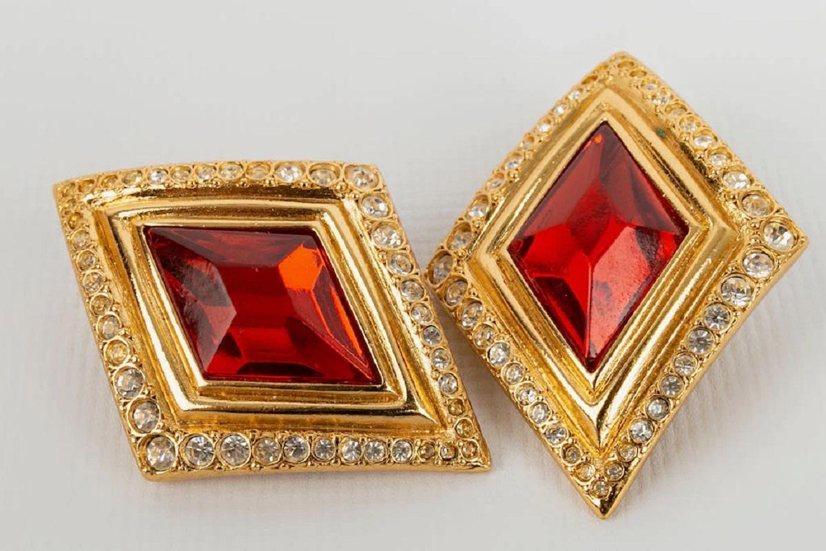 Women's Jean-louis Scherrer Gold-Plated Metal Clip Earrings with Rhinestones For Sale