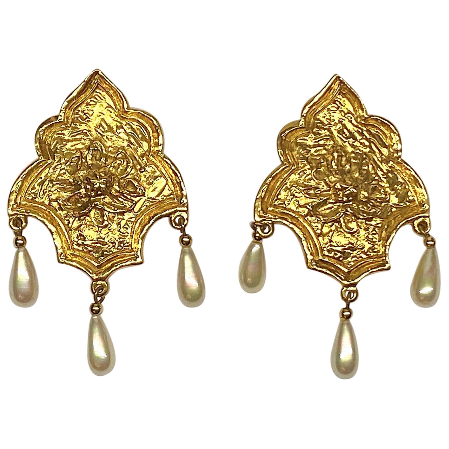 Jean-Louis Scherrer Gold Shield With Pearl Dangle Earrings