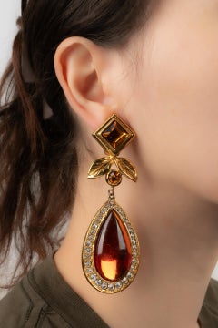 Jean-Louis Scherrer Golden Metal Clip-on Earrings with Rhinestones and Resin