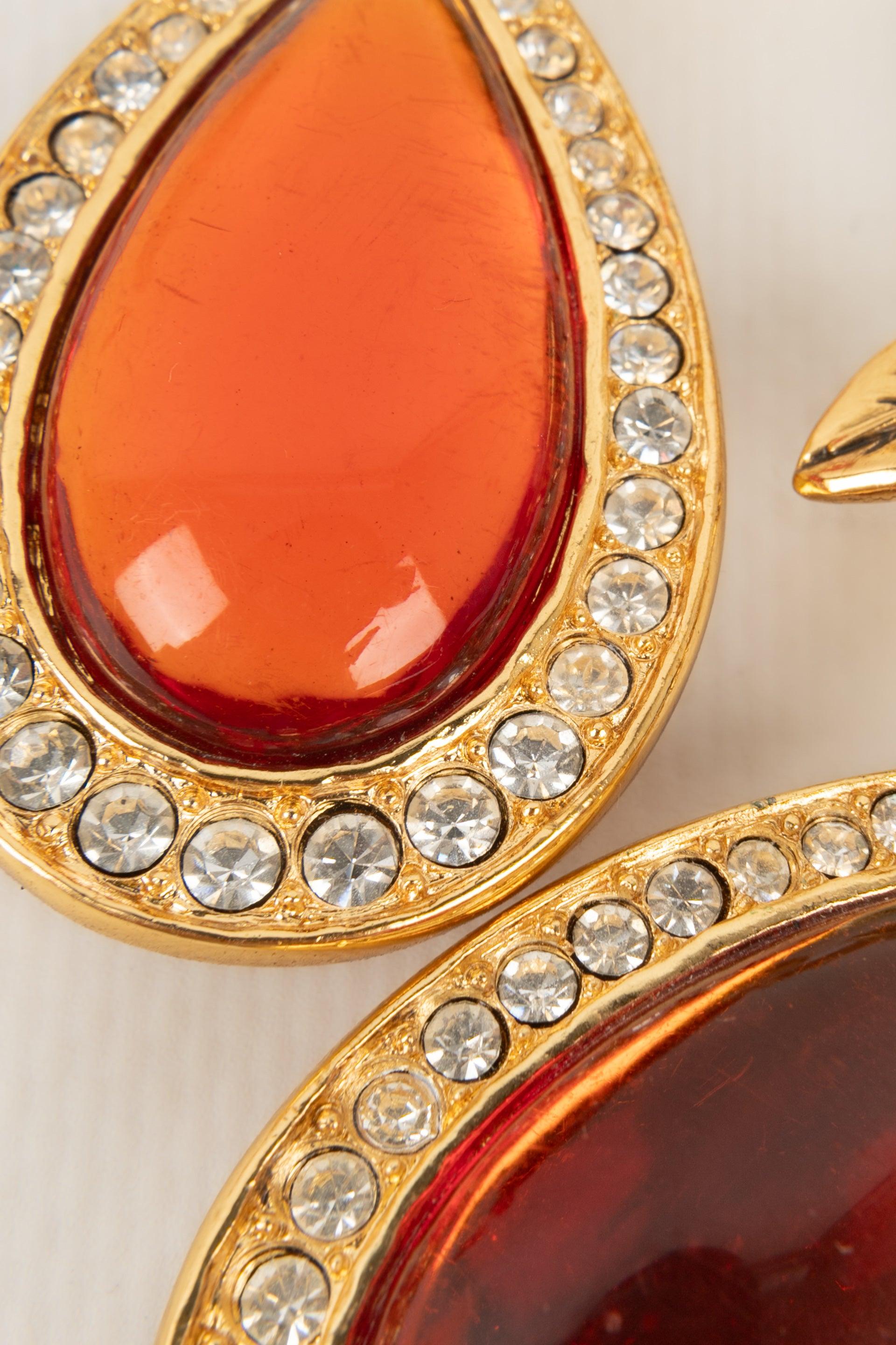 Women's Jean-Louis Scherrer Golden Metal Clip-on Earrings with Rhinestones and Resin For Sale