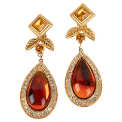 Jean-Louis Scherrer Golden Metal Clip-on Earrings with Rhinestones and Resin