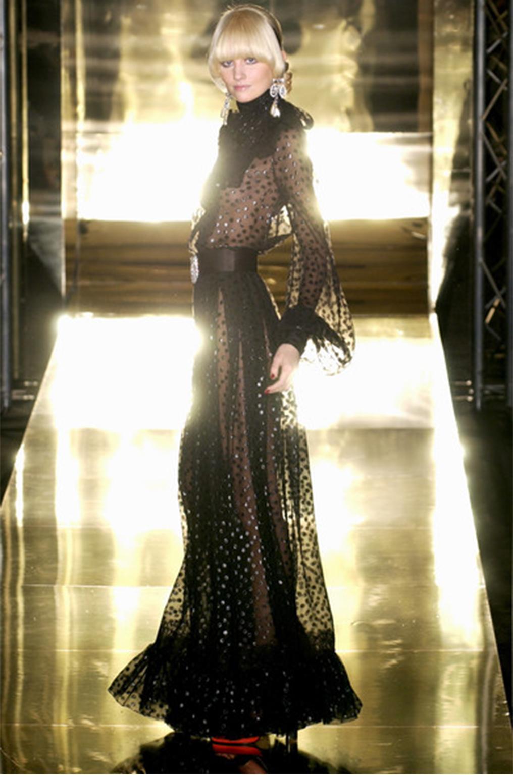 Jean Louis Scherrer haute couture black polka dots sheer evening gown, f/w 2005 In Excellent Condition For Sale In London, GB