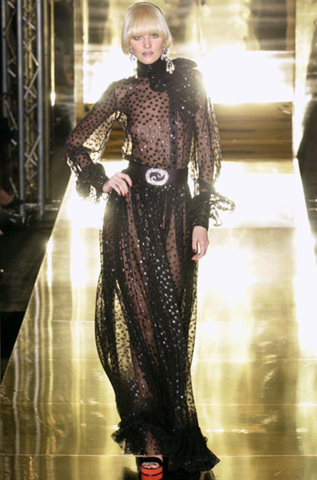 Women's Jean Louis Scherrer haute couture black polka dots sheer evening gown, f/w 2005 For Sale