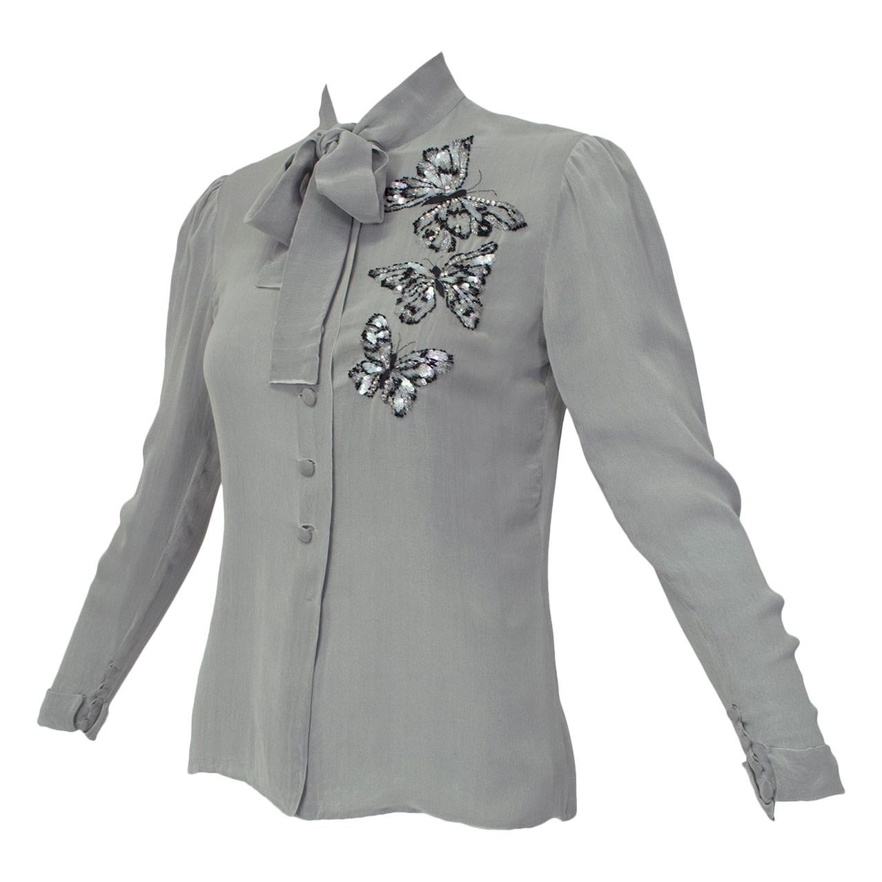 Jean-Louis Scherrer Haute Couture Gray Chiffon Butterfly Bead Blouse - XS, 1970s For Sale