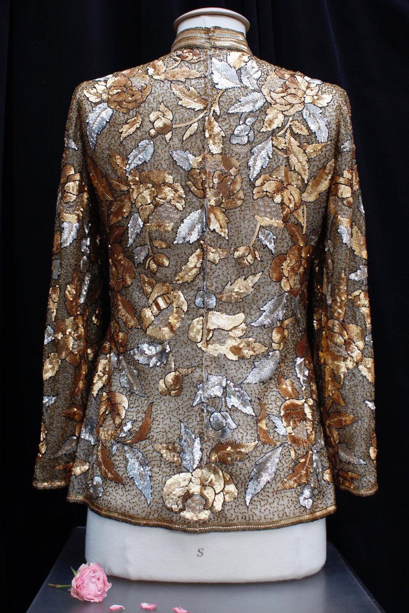 Jean-Louis Scherrer Haute Couture Chiffon Top with Sequins In Good Condition For Sale In SAINT-OUEN-SUR-SEINE, FR