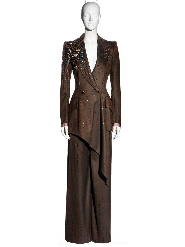 Combinaison pantalon en laine marron embellie Jean-Louis Scherrer Haute  Couture, A/H 2001 En vente sur 1stDibs