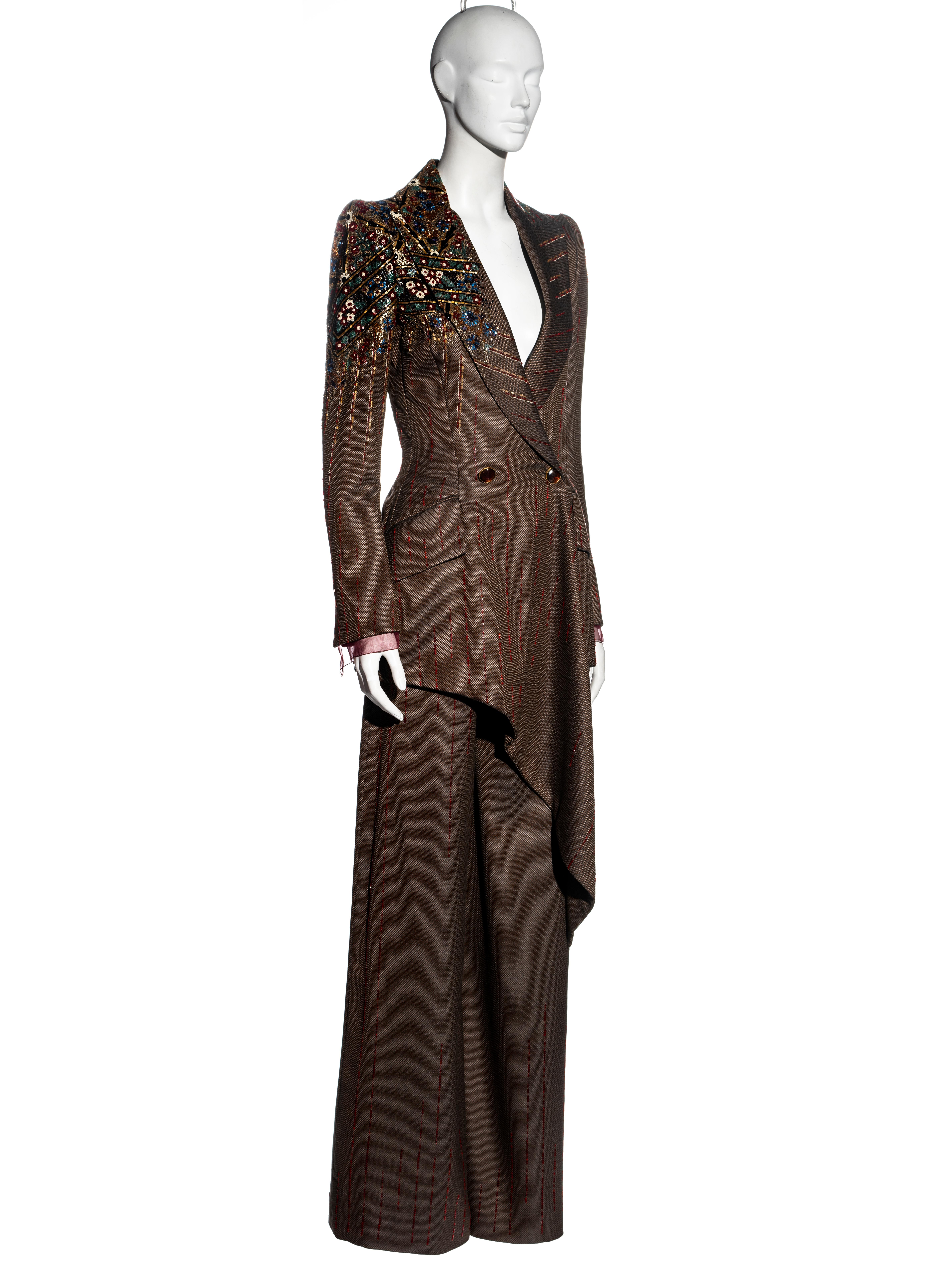 Women's Jean-Louis Scherrer Haute Couture embellished brown wool pant suit, fw 2001 For Sale