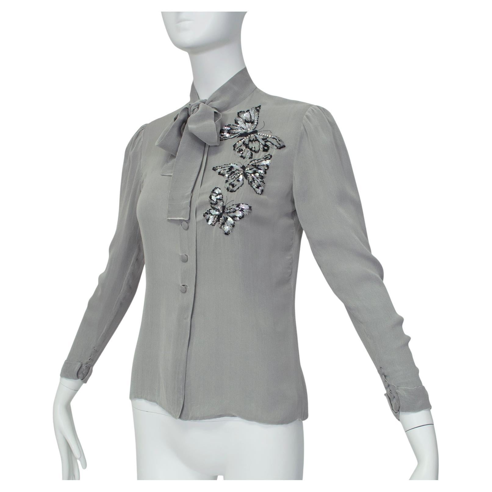Jean-Louis Scherrer - Chemisier haute couture en mousseline grise avec perles de papillons, taille XS, 1970 en vente