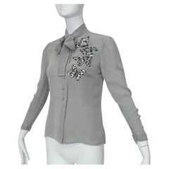 Jean-Louis Scherrer Haute Couture Gray Chiffon Butterfly Bead Blouse - XS, 1970s