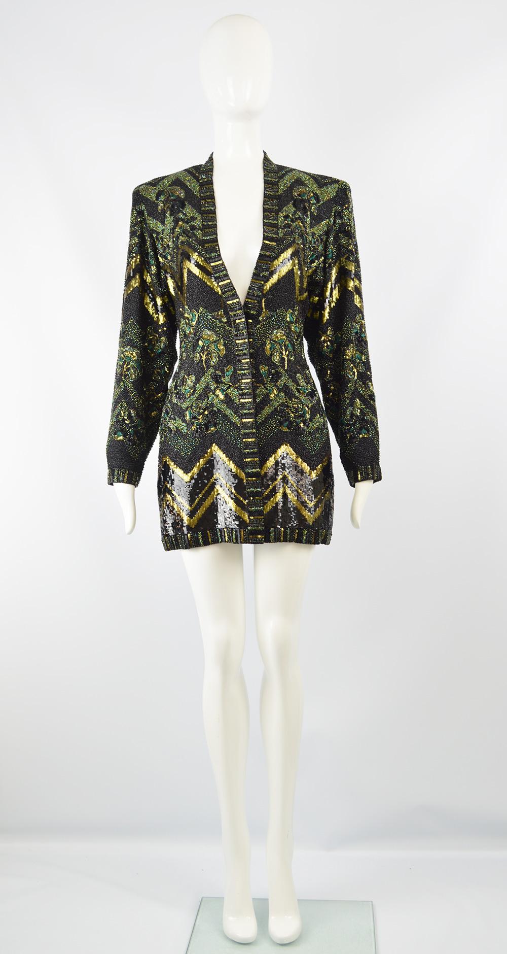 Jean Louis Scherrer Haute Couture Hand Beaded Embroidered & Sequin Jacket, 1980s

Size: Unlabelled as it is couture; best fits a women's UK 8/ US 4/ EU 36. Please check measurements.  
Bust - 32” / 81cm
Waist - 28” / 71cm
Hips - 34” / 81cm
Length