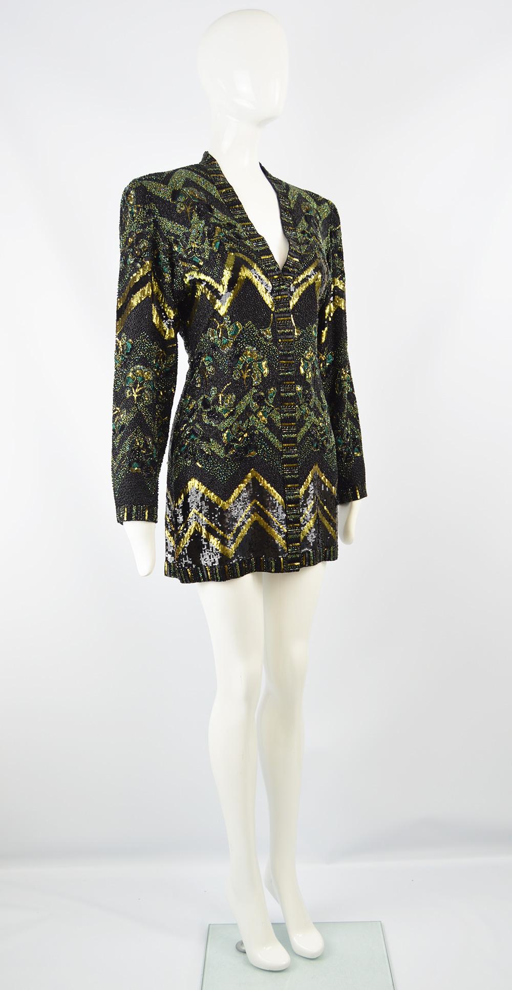 Black Jean Louis Scherrer Haute Couture Hand Beaded Embroidered & Sequin Jacket, 1980s For Sale