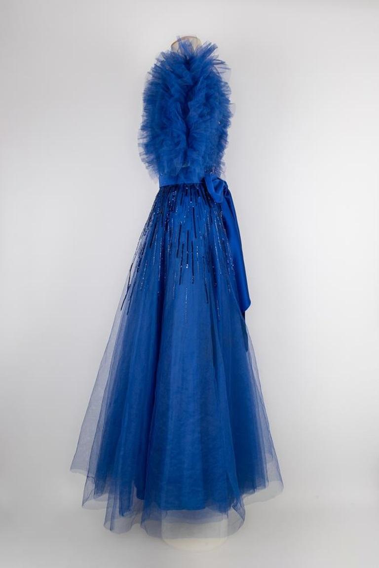 Louis feraud Maxi Dress with Blue Sequins In Excellent Condition For Sale In SAINT-OUEN-SUR-SEINE, FR