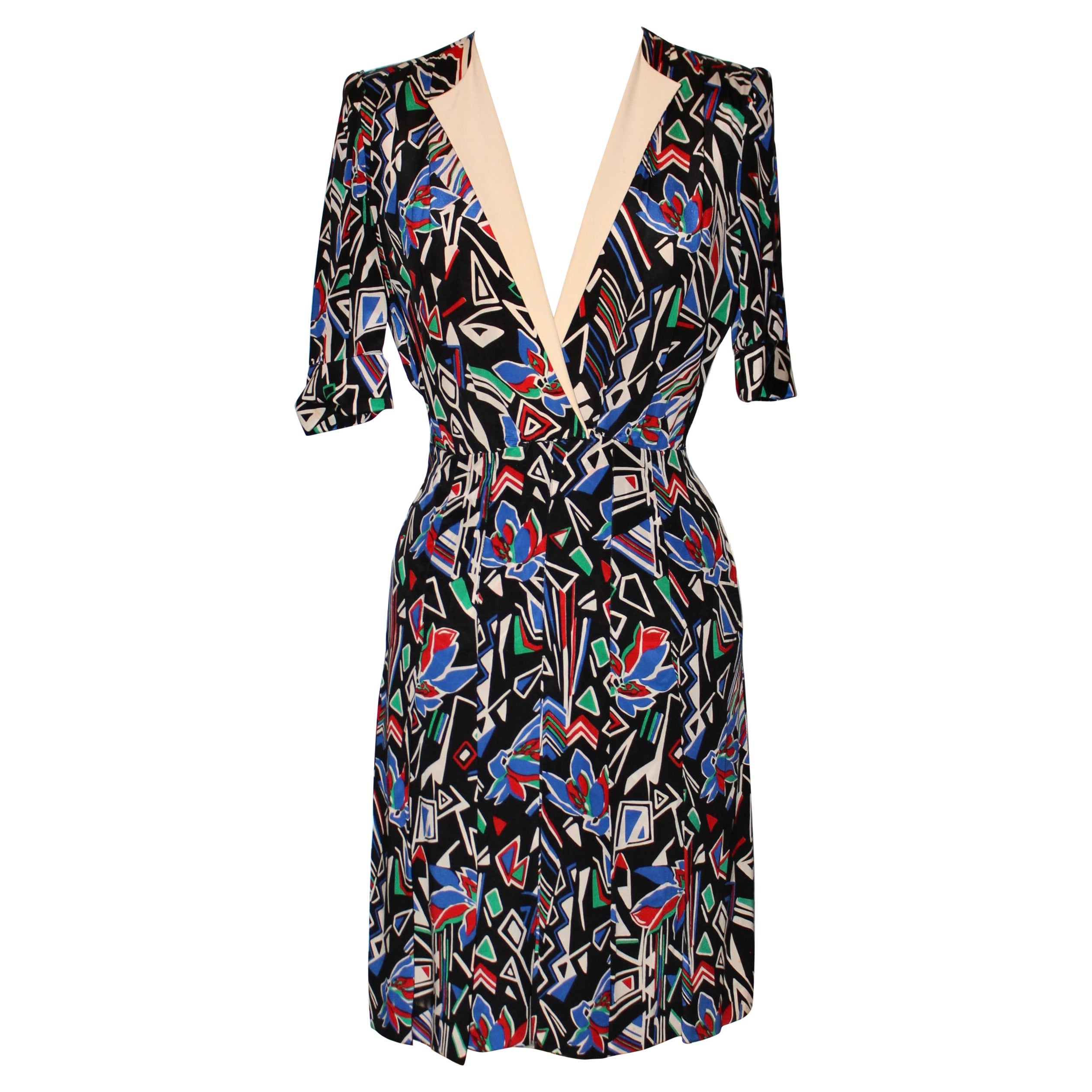 Vestido de día de seda con estampado modernista Jean-Louis Scherrer