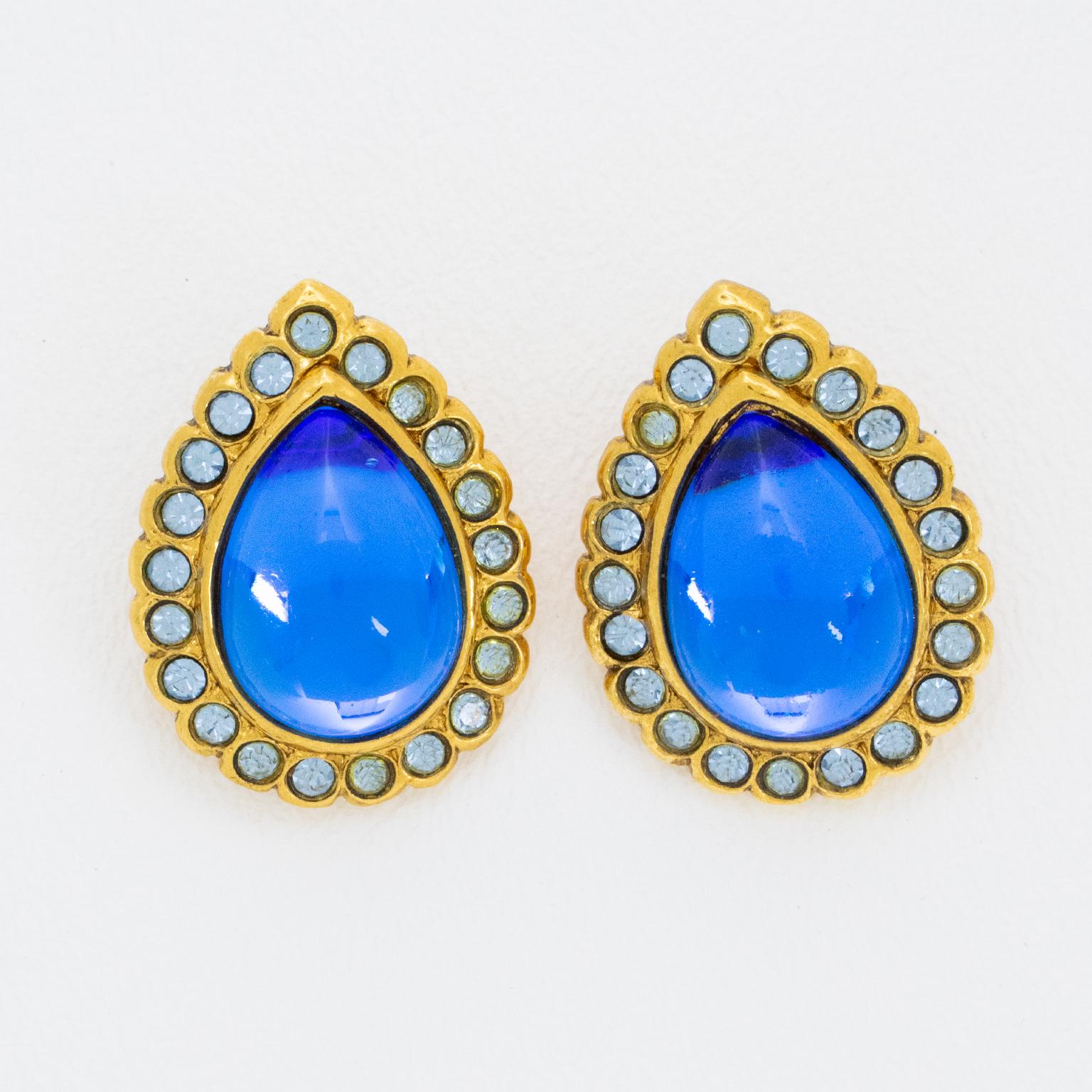 Modern Jean Louis Scherrer Paris Clip Earrings Blue Poured Glass Cabochon