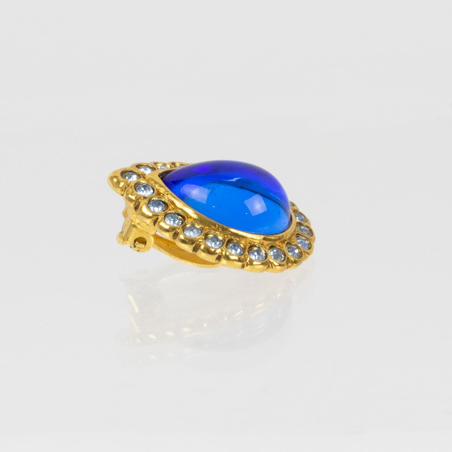 Jean Louis Scherrer Paris Clip Earrings Blue Poured Glass Cabochon 1