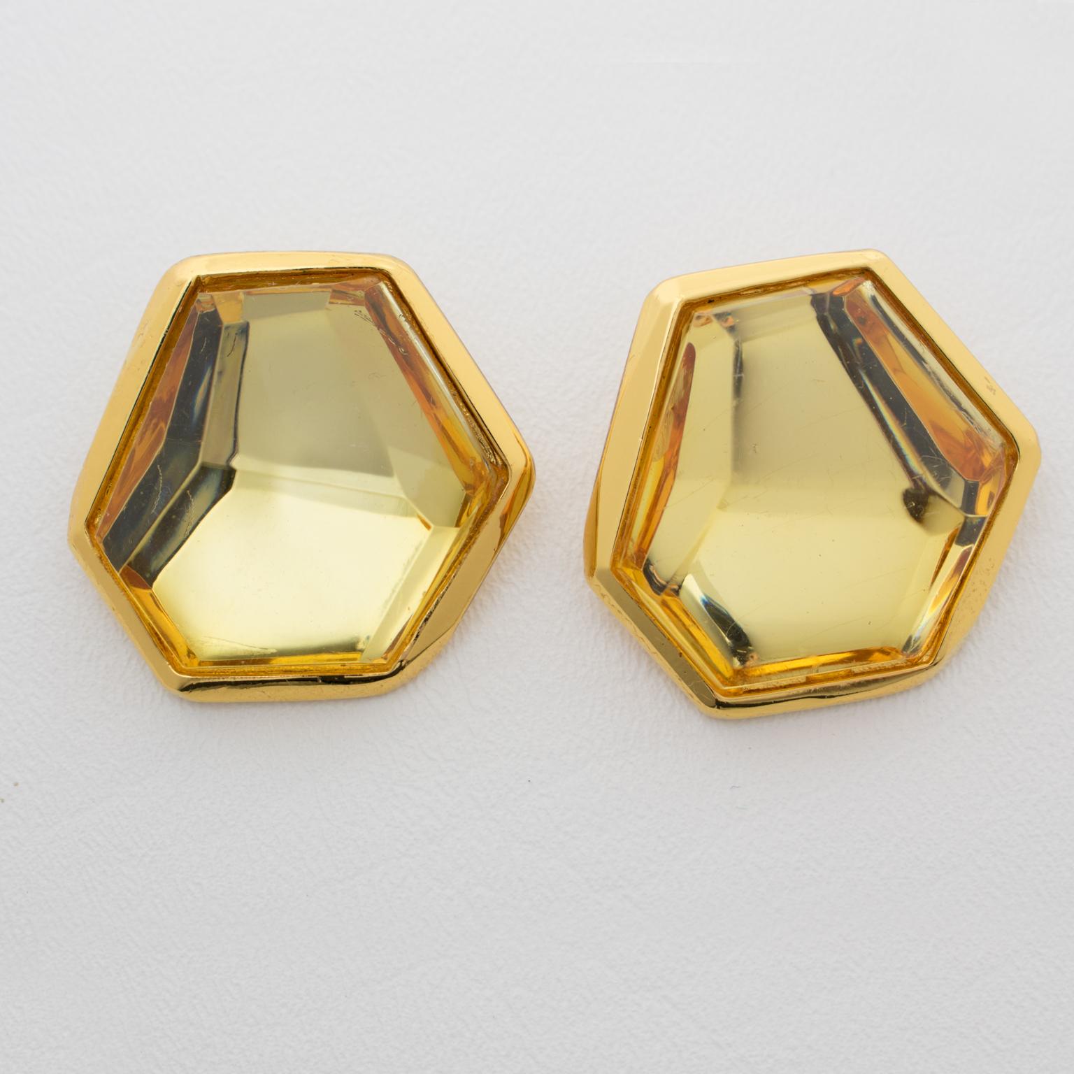 Modern Jean Louis Scherrer Clip Earrings Yellow Cabochon