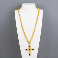 Jean Louis Scherrer Paris Gilded Metal and Black Enamel Cross Pendant Necklace