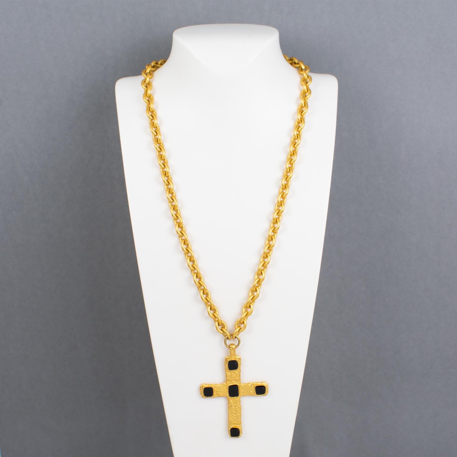 Modernist Jean Louis Scherrer Paris Gilded Metal and Black Enamel Cross Pendant Necklace For Sale