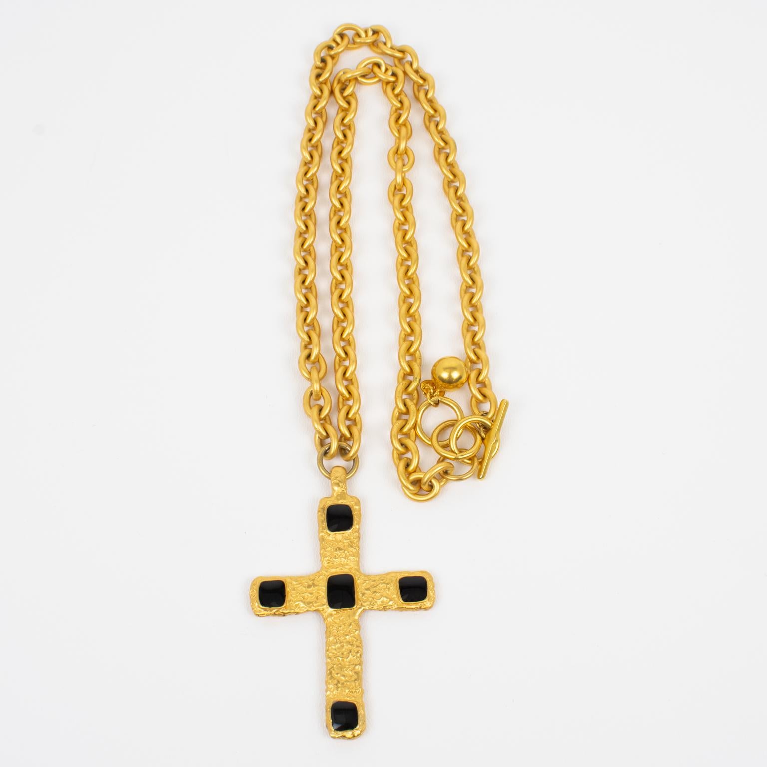 Women's Jean Louis Scherrer Paris Gilded Metal and Black Enamel Cross Pendant Necklace For Sale