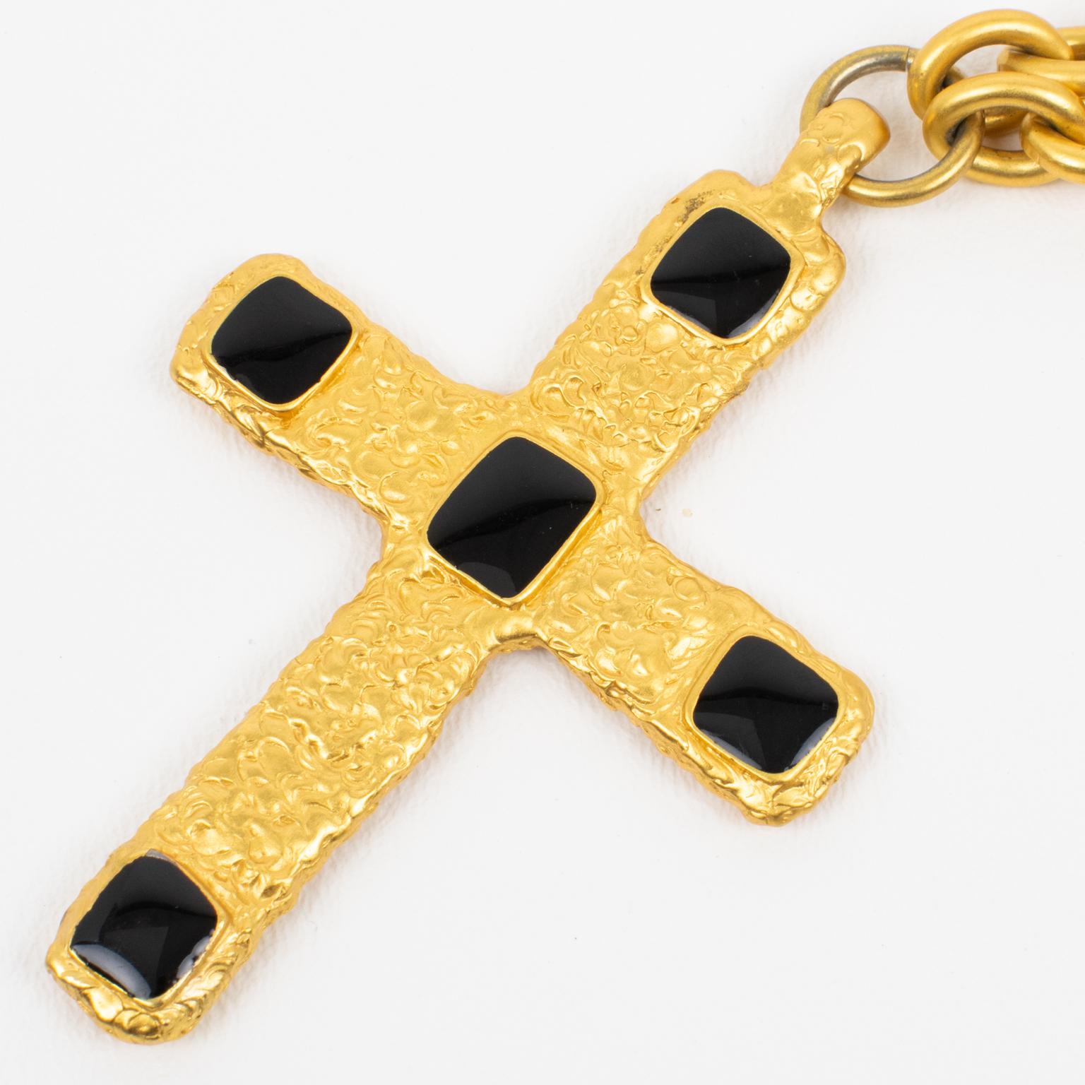 Jean Louis Scherrer Paris Gilded Metal and Black Enamel Cross Pendant Necklace For Sale 2