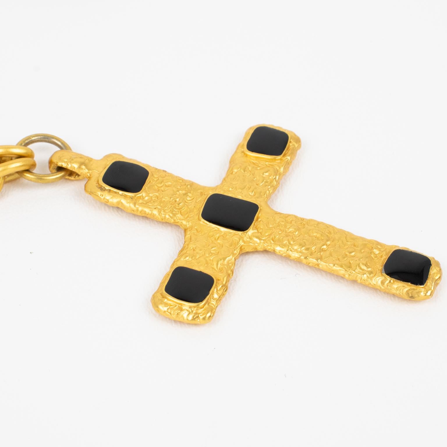 Jean Louis Scherrer Paris Gilded Metal and Black Enamel Cross Pendant Necklace For Sale 3