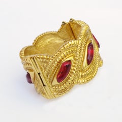 Jean Louis Scherrer Paris Gilt Metal Jeweled Clamper Bracelet Red Cabochon