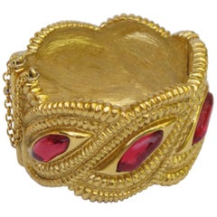 Jean Louis Scherrer Paris Gilt Metal Jeweled Clamper Bracelet Red Cabochon