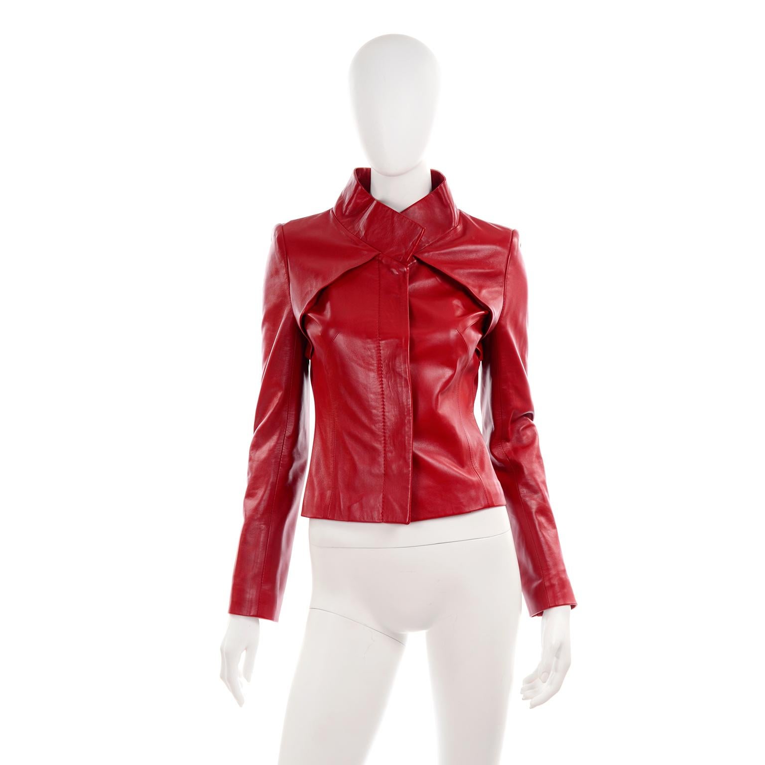 Jean-Louis Scherrer Red Lambskin Leather Jacket With Unique Pleating In Excellent Condition In Portland, OR