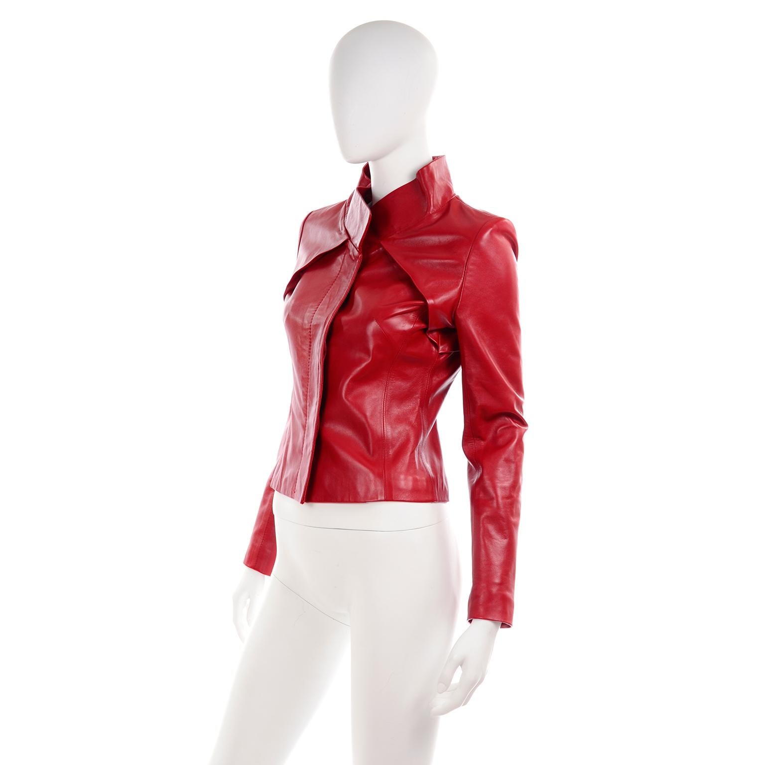 Women's or Men's Jean-Louis Scherrer Red Lambskin Leather Jacket With Unique Pleating