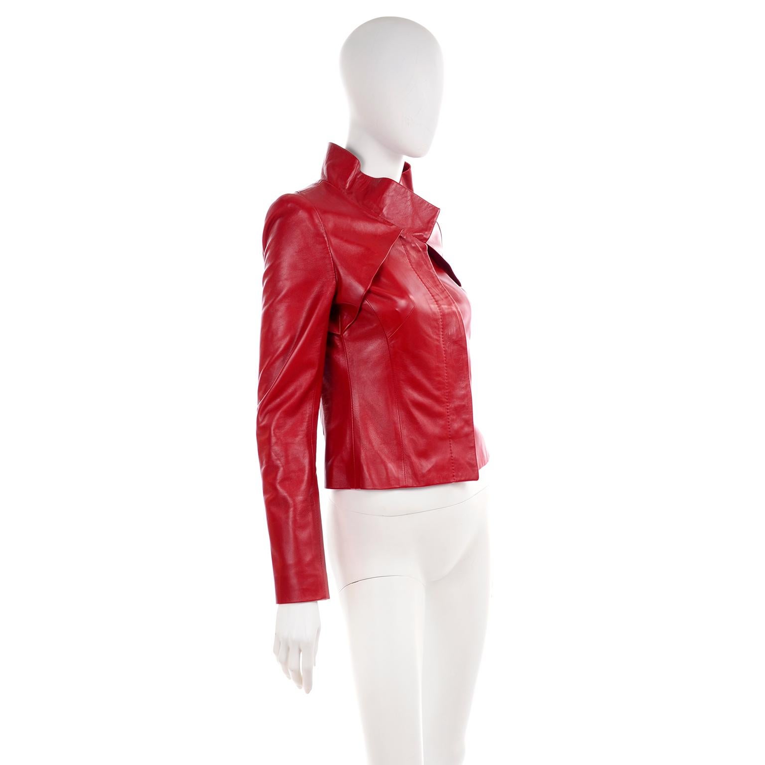 Jean-Louis Scherrer Red Lambskin Leather Jacket With Unique Pleating 3