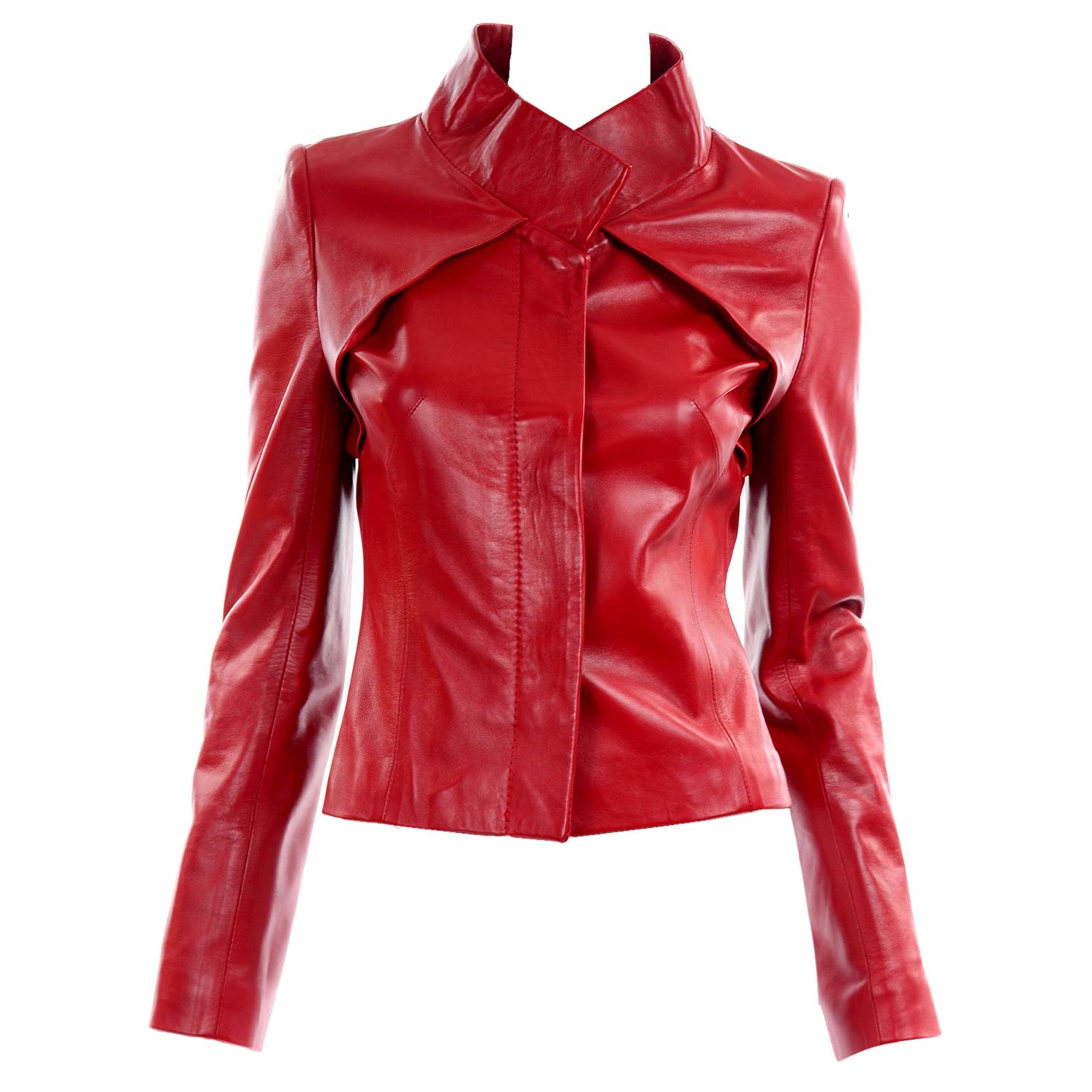 Jean-Louis Scherrer Red Lambskin Leather Jacket With Unique Pleating