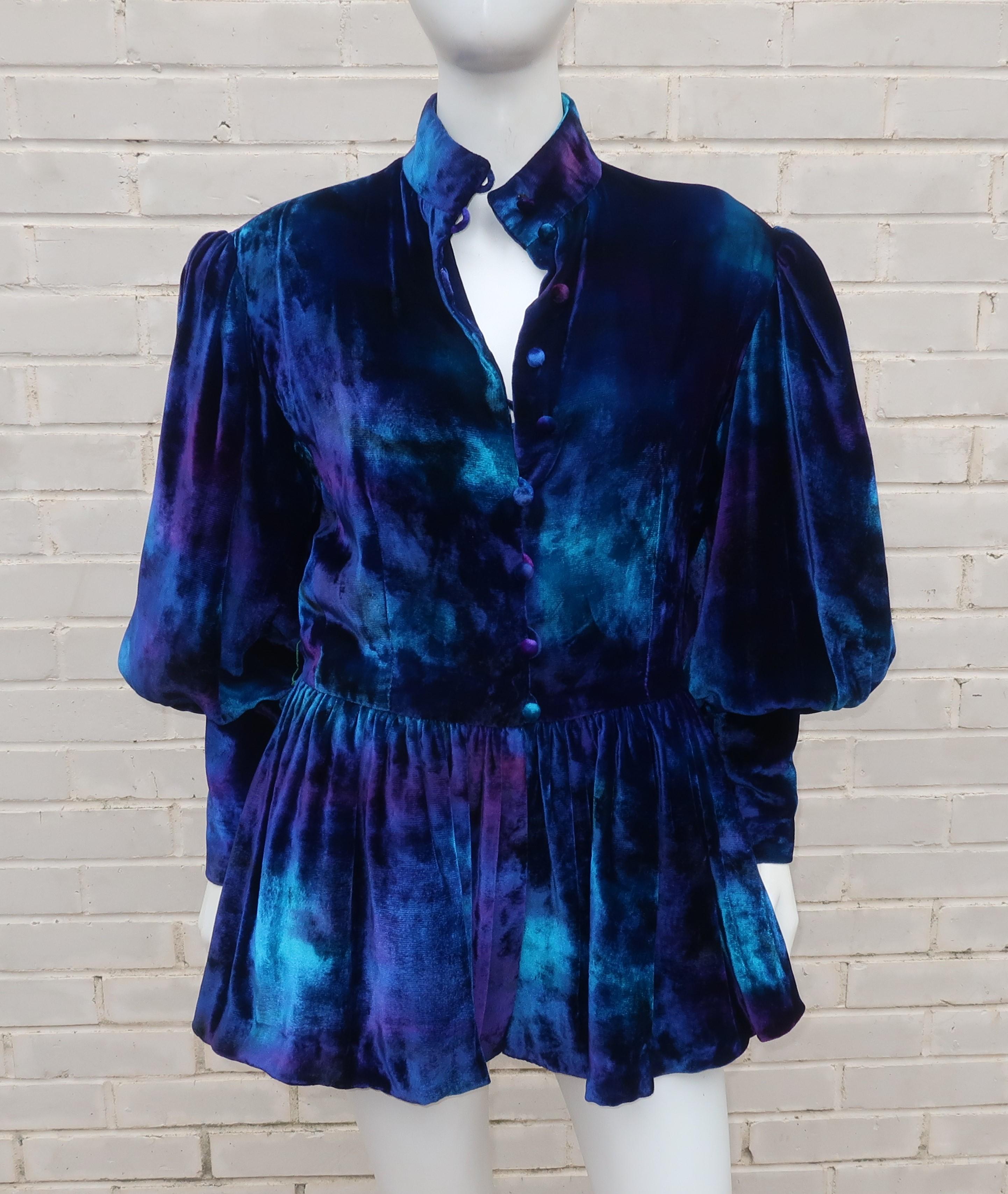 Jean-Louis Scherrer Tie Dye Velvet Skirt Suit With Peplum Jacket, C.1980 3