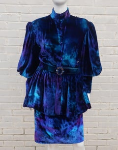 Jean-Louis Scherrer Tie Dye Velvet Skirt Suit With Peplum Jacket, C.1980
