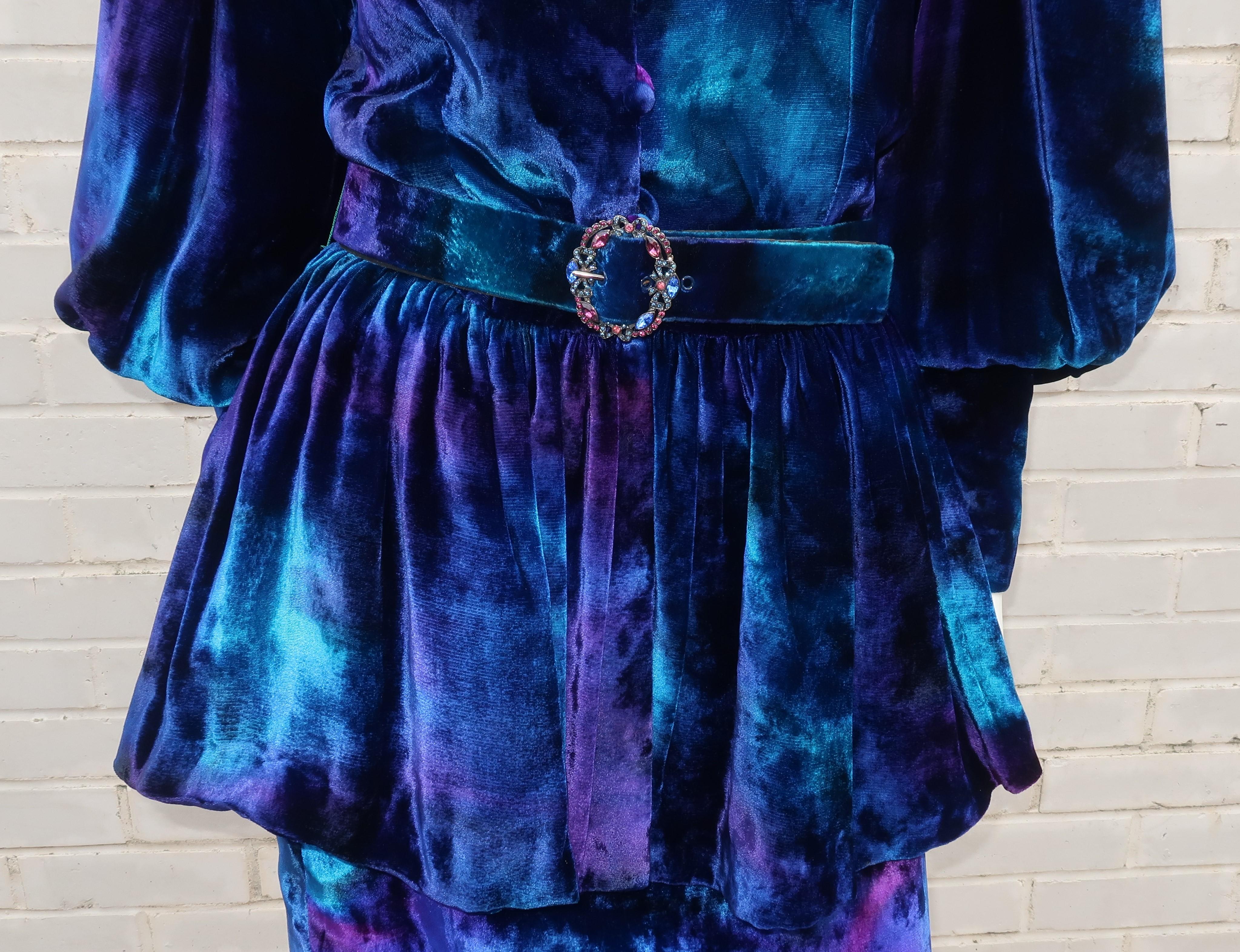 Purple Jean-Louis Scherrer Tie Dye Velvet Skirt Suit With Peplum Jacket, C.1980