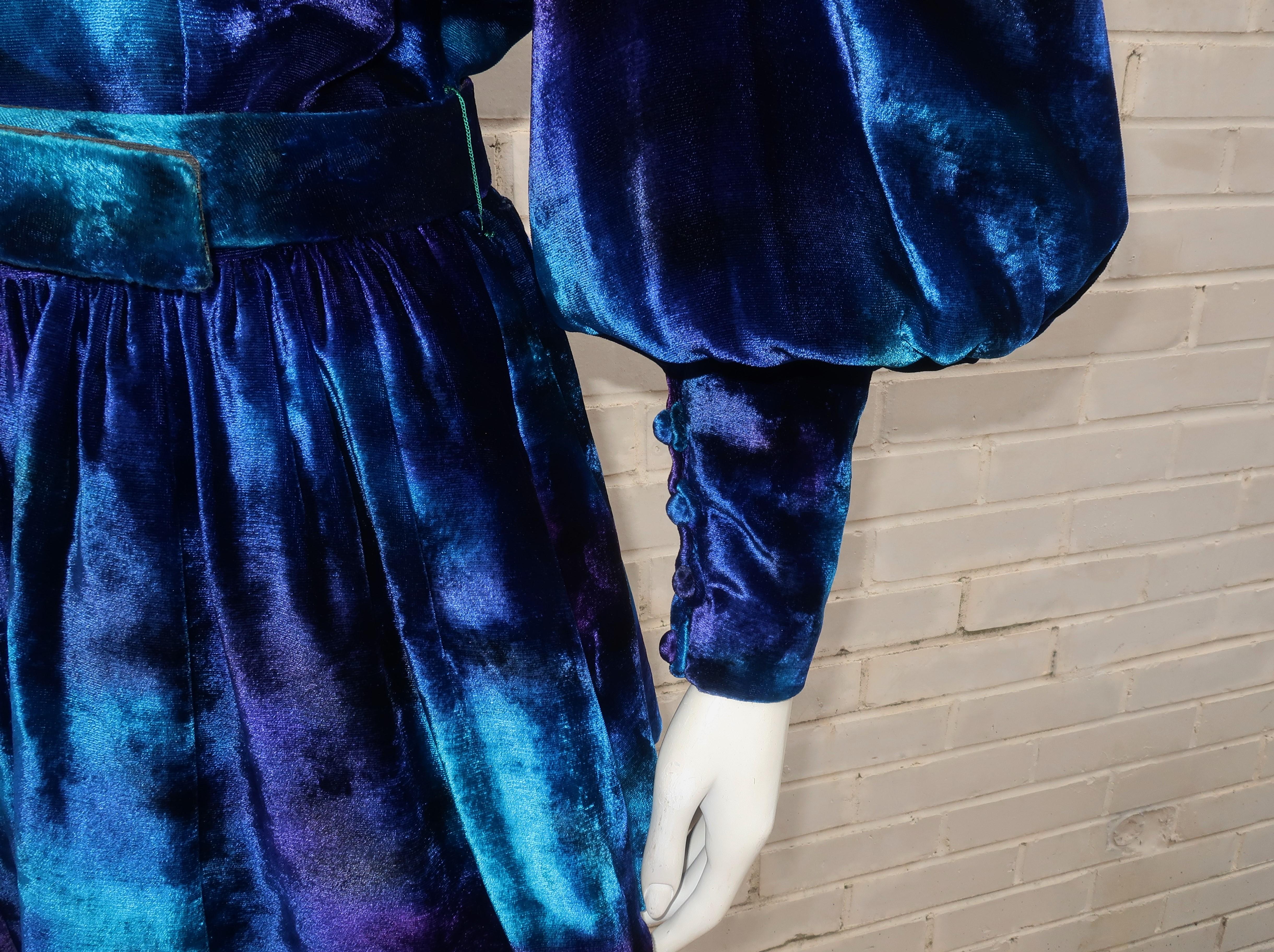 Jean-Louis Scherrer Tie Dye Velvet Skirt Suit With Peplum Jacket, C.1980 In Good Condition In Atlanta, GA