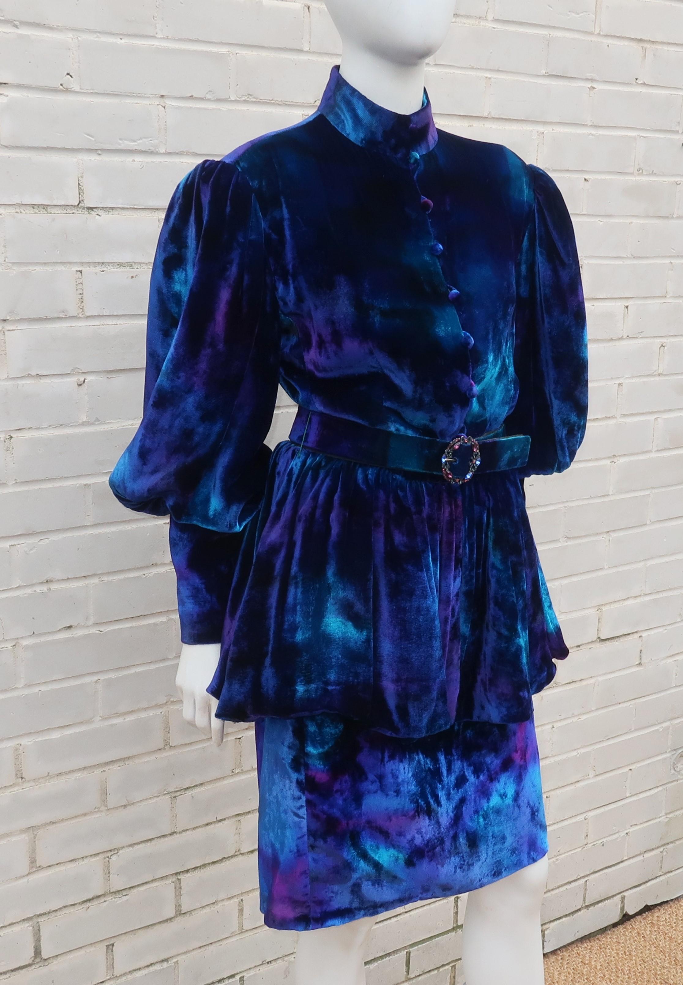 Women's Jean-Louis Scherrer Tie Dye Velvet Skirt Suit With Peplum Jacket, C.1980