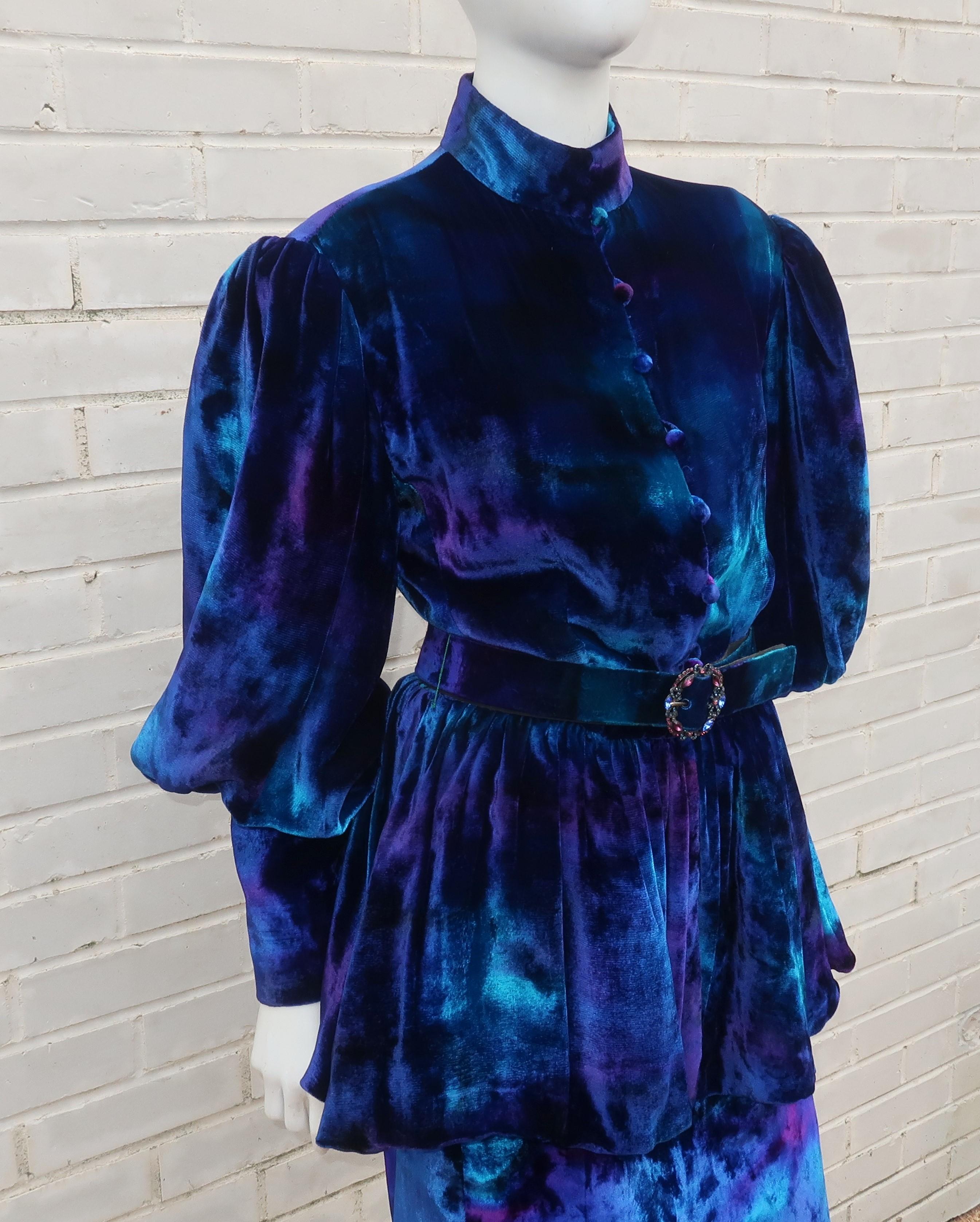 Jean-Louis Scherrer Tie Dye Velvet Skirt Suit With Peplum Jacket, C.1980 1