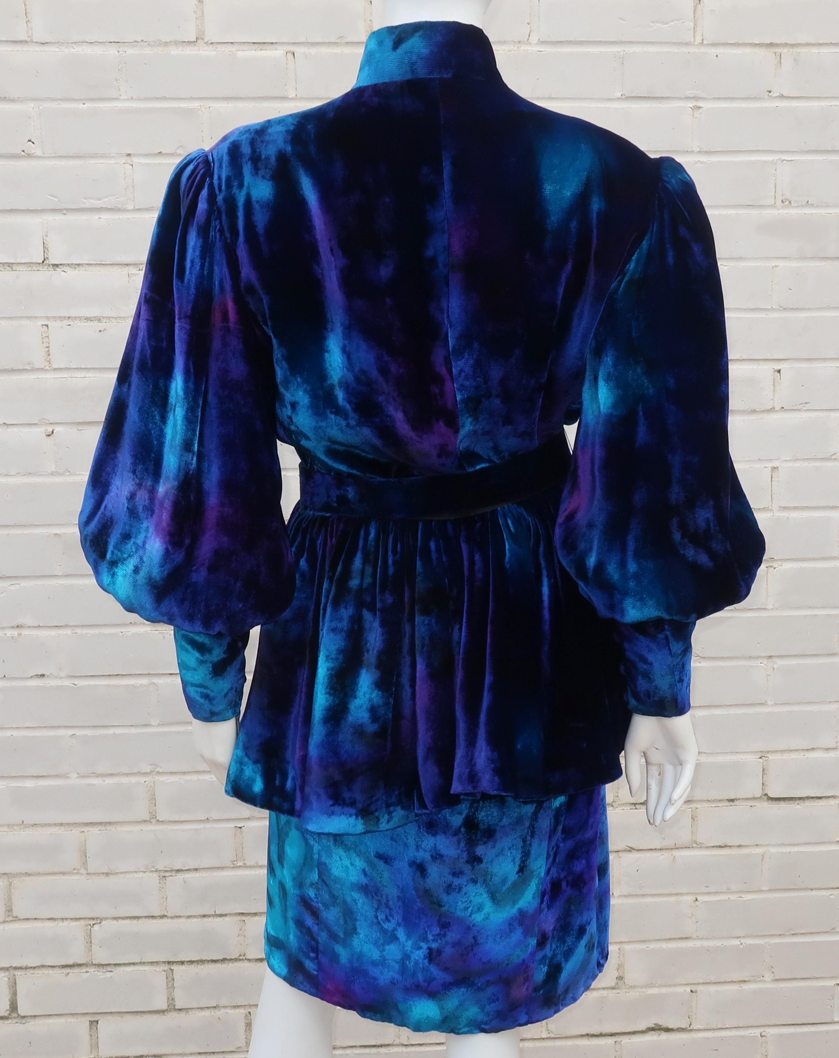 Jean-Louis Scherrer Tie Dye Velvet Skirt Suit With Peplum Jacket, C.1980 2