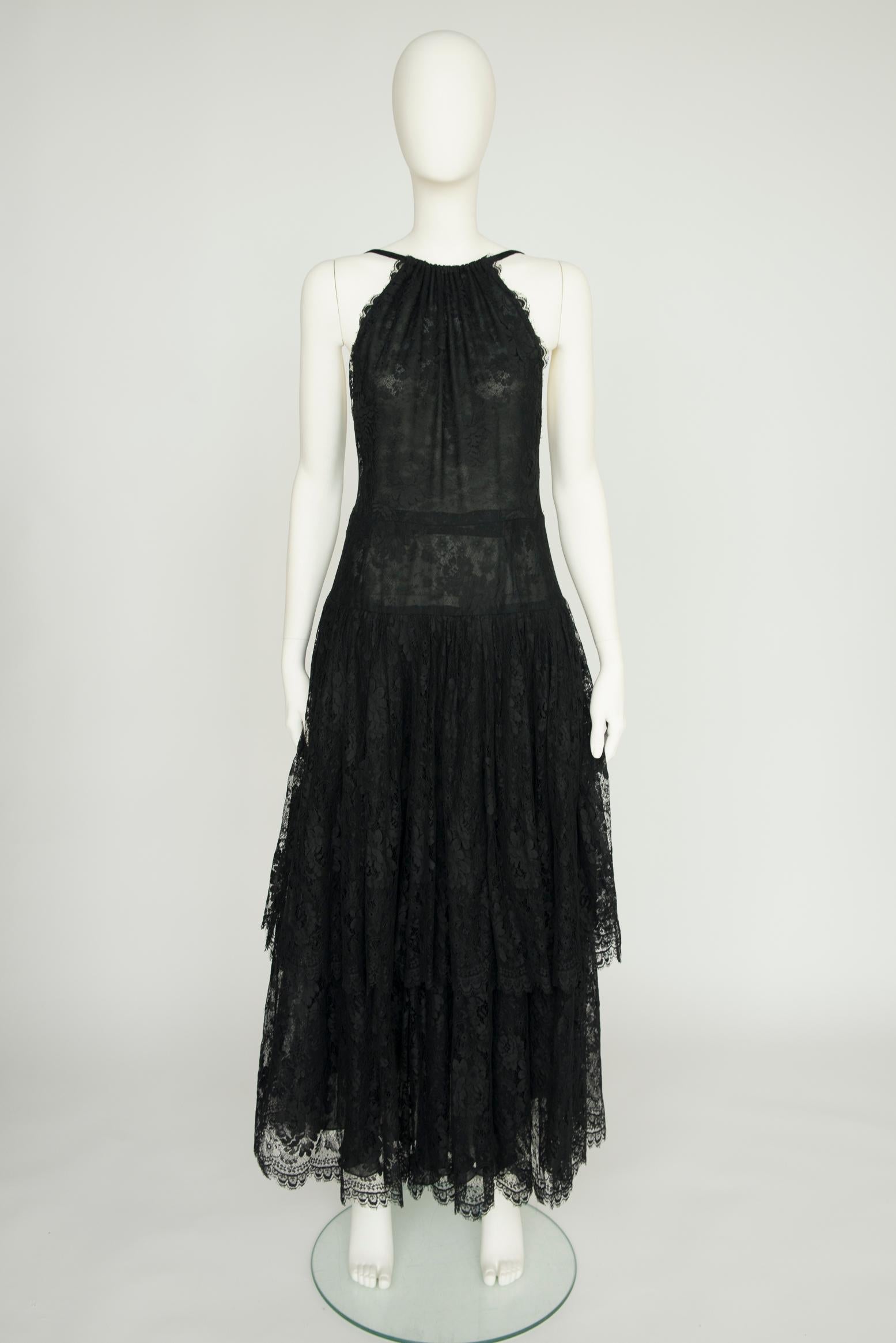 Jean Louis Scherrer Tiered Ruffled Lace & Tulle Backless Evening Dress For Sale 5