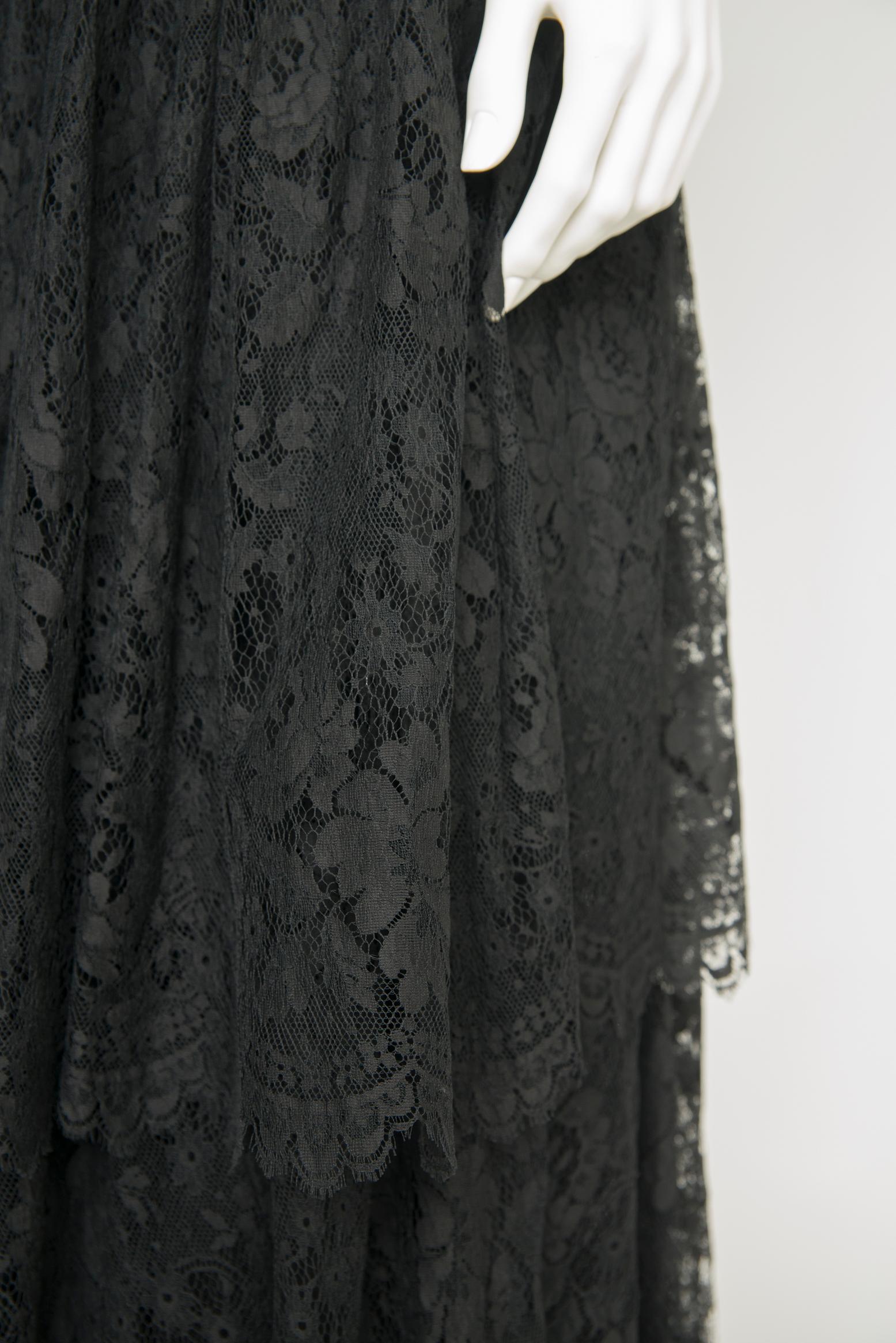 Black Jean Louis Scherrer Tiered Ruffled Lace & Tulle Backless Evening Dress For Sale
