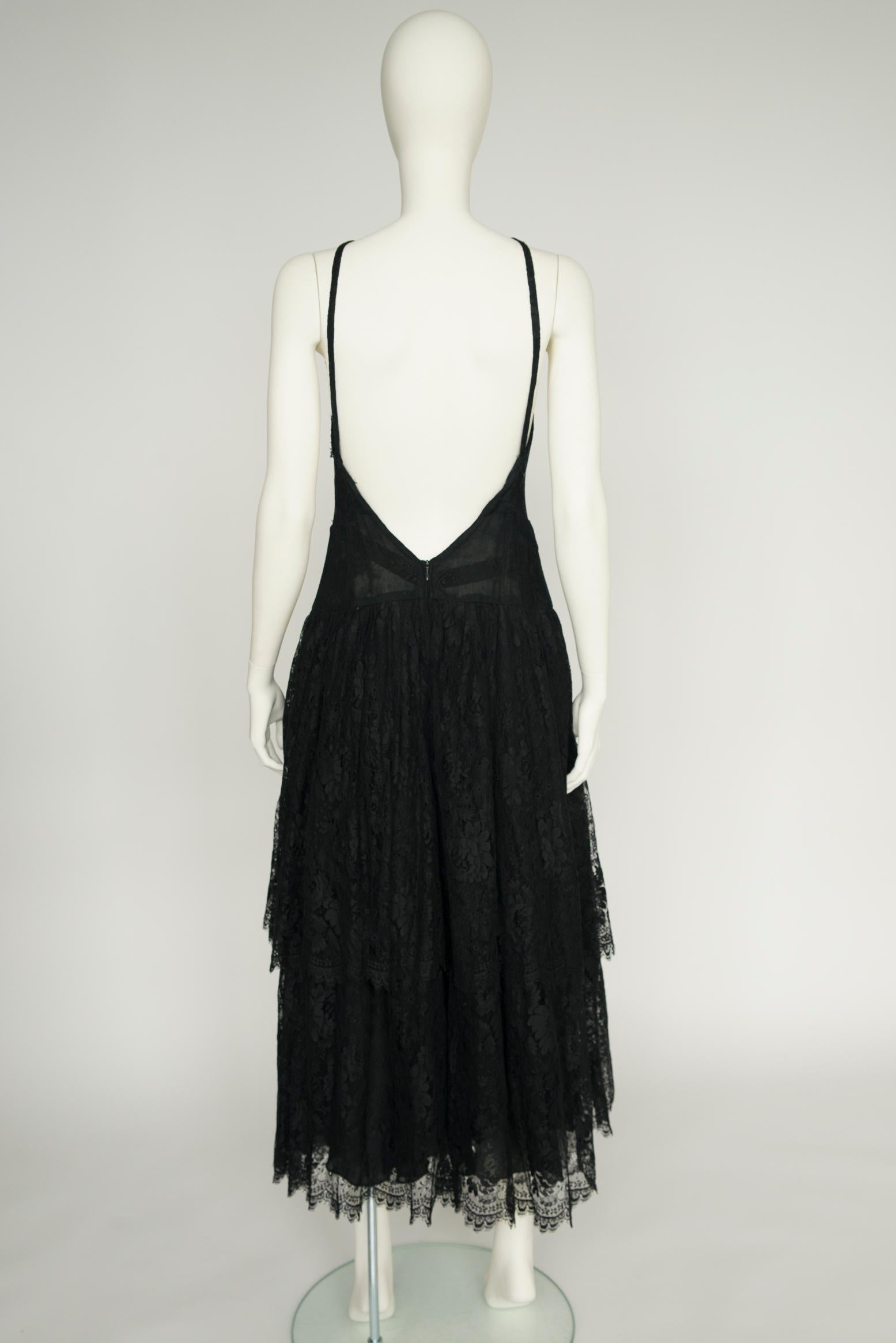 Jean Louis Scherrer Tiered Ruffled Lace & Tulle Backless Evening Dress For Sale 2