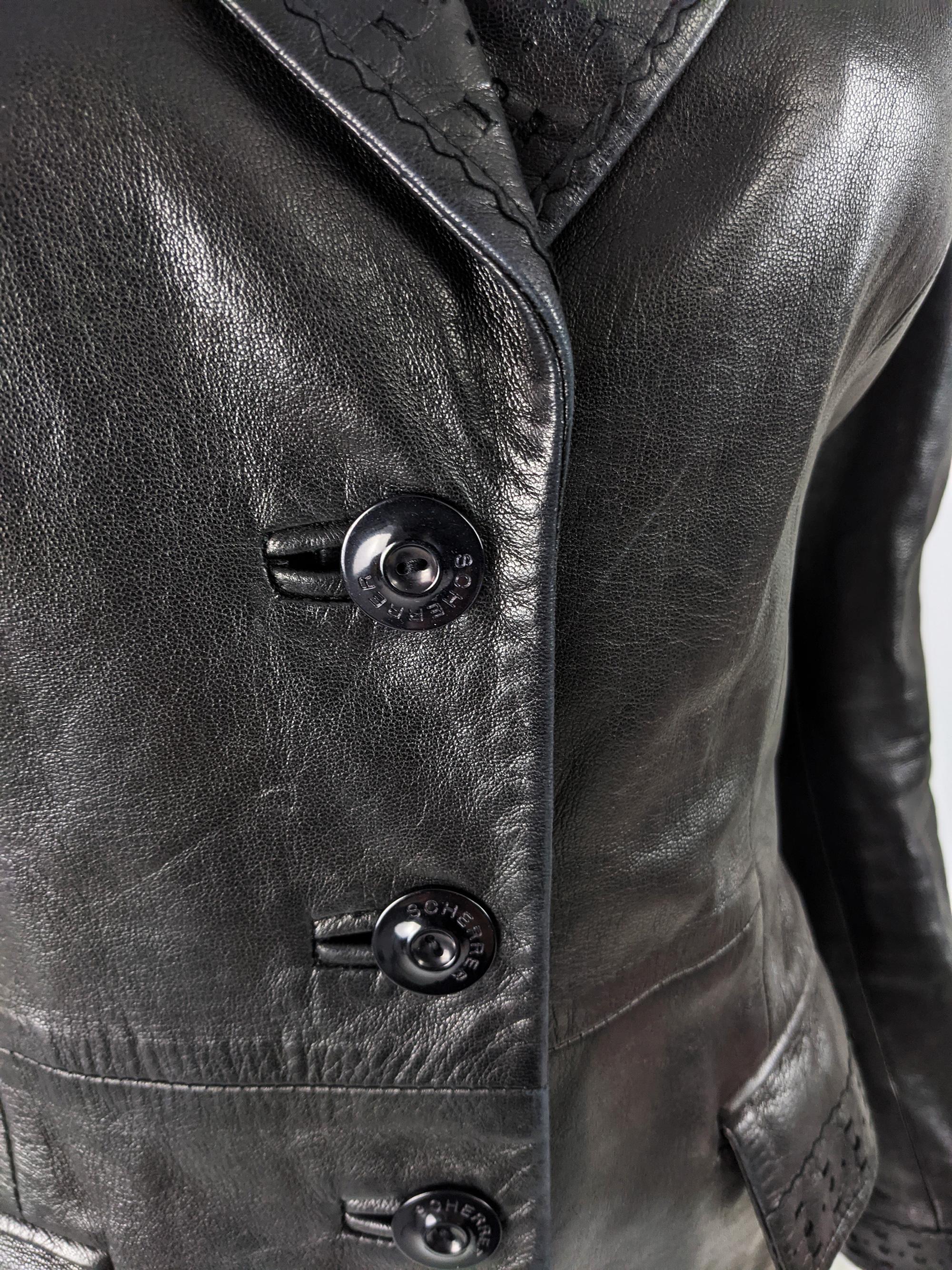 Black Jean Louis Scherrer Vintage 1980s Shoulder Pads Leather Jacket